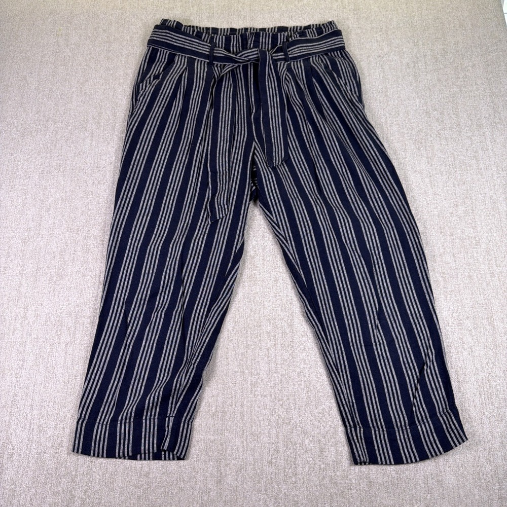 Loft High‎ Rise Pants Womens 10 Navy White Striped Linen Rayon Straight Belted